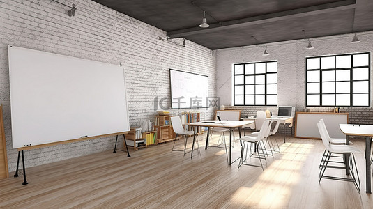 阁楼风格的教室，配有白板和白砖墙，令人惊叹的 3D 渲染