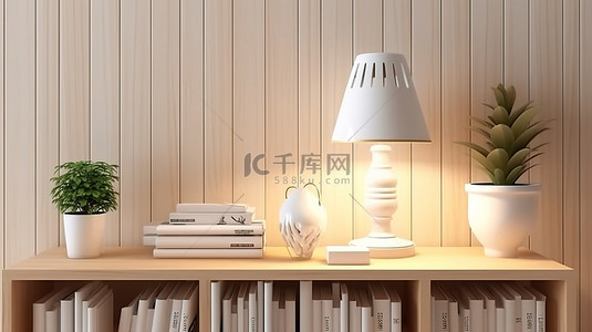 民法典书背景图片_简约的工作空间白色木桌盆栽植物和台灯在 3d 白色书架上