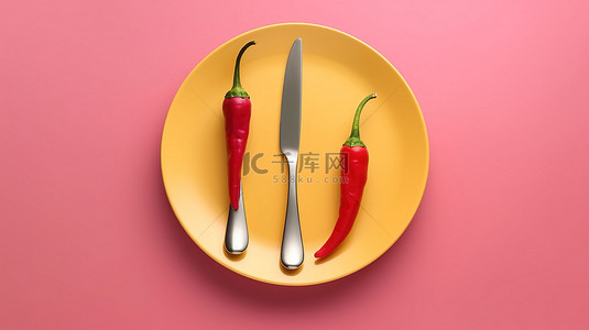 红色和黄色辣椒与粉红色盘子上的餐具顶视图 3D 渲染