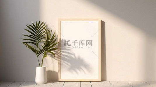 现代 3D 渲染光墙，带有阳光和棕榈叶阴影，具有空白的白色框架模型