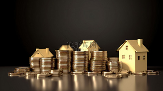 房地产投资概念 3D 渲染堆叠硬币和房屋