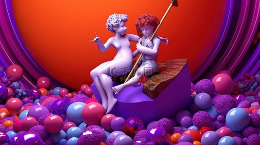 迷人的竖琴手和活泼的丘比特在众多以 3D 形式呈现的充满活力的球体中