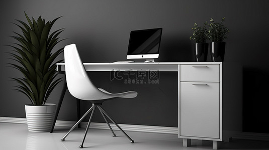 在时尚简约的办公桌上关闭白色椅子和电脑的 3D 渲染