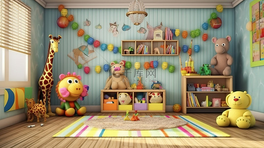 3D 渲染插图，展示了一个色彩缤纷的儿童游戏室，配有毛绒动物和彩虹装饰