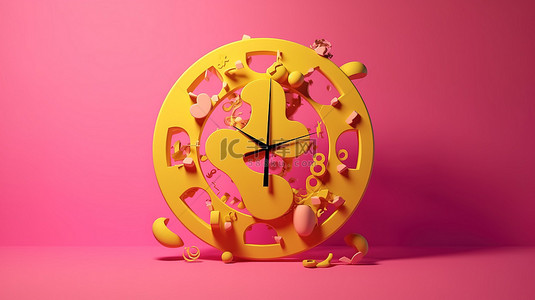 3D 渲染中带有圆形黄色时钟符号的粉红色背景前视图