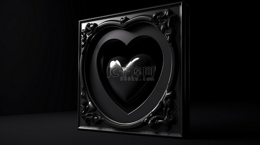 阴沉的情人节 3D 黑色心框在黑暗背景下的插图
