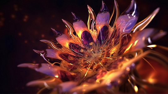 神秘的紫色琥珀花雪花的超现实外星宝石艺术 3d 渲染