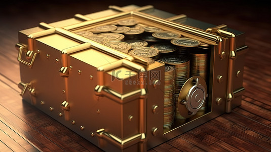 保险箱的 3D 插图，里面装满了硬币堆和代表储蓄和储存财富的成捆金钱