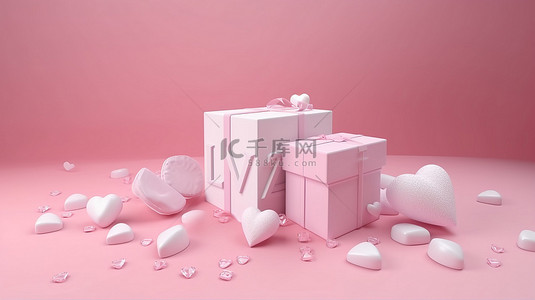 情人节场景白色爱情文字和 3d 礼品盒，粉红色背景
