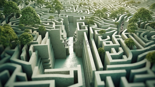 神秘的迷宫结构将绿树困在极端特写3D渲染中
