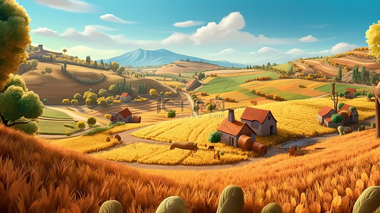 风景村庄背景图片_迷人的卡通风格 3D 渲染丰富的乡村景观与收获