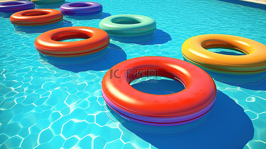 泳池的顶视图背景图片_充满活力的泳池漂浮在蓝色的水中 3d 渲染