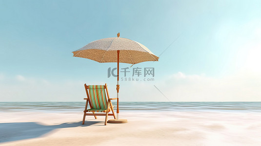 放松技巧背景图片_海洋放松木质底座，带有椅子和雨伞的 3D 渲染，俯瞰大海