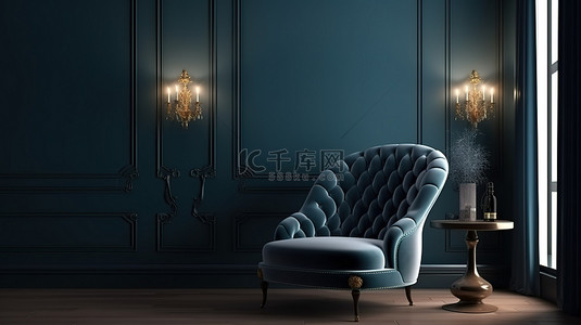 豪华的深蓝色室内场景，带 3D 渲染和带扶手椅和边桌的框架模型