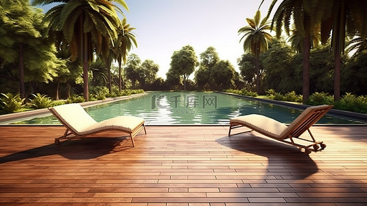 现代户外绿洲豪华草坪休息室游泳池和木质露台 3D 渲染