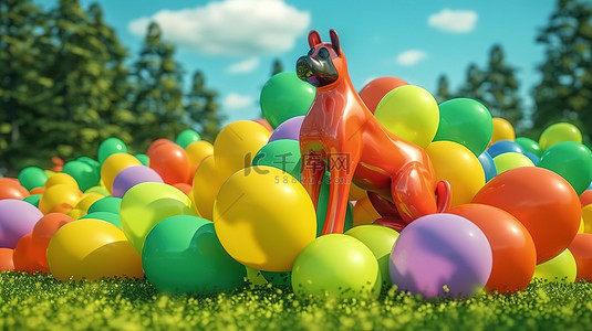 绿色彩色气球，具有 3D 渲染中俏皮的狗形气球