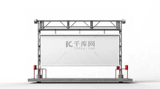 金属桁架建筑系统，带有空白广告横幅和空讲台 3D 渲染在白色背景上