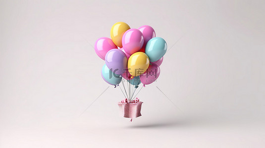 3d 渲染白色背景与气球和悬挂的礼物