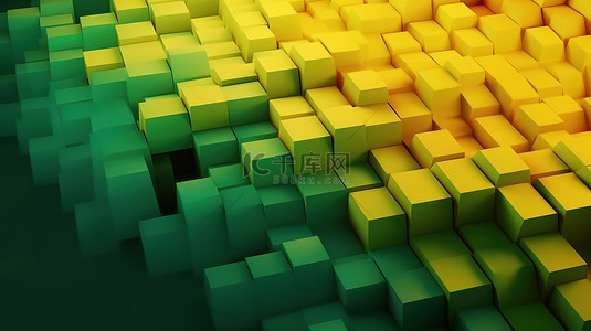 具有黄色和绿色元素的简约抽象图案的 3D 渲染