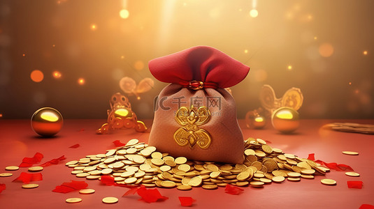 福袋红包金币背景图片_以福袋和金币为特色的农历新年贺卡的 3D 渲染