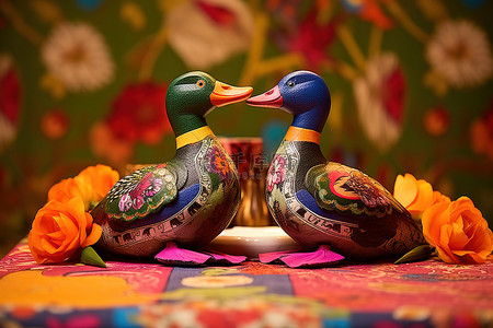 彩色桌布上的两只木鸭