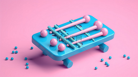 粉红色背景下带木槌的蓝色玩具木琴的双色调演绎 3D 模型