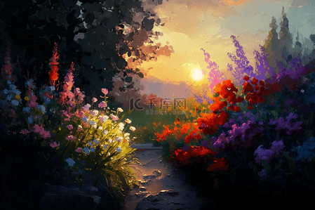 欧式艺术背景背景图片_鲜花绚丽的花朵植物春天的花园花卉油画背景