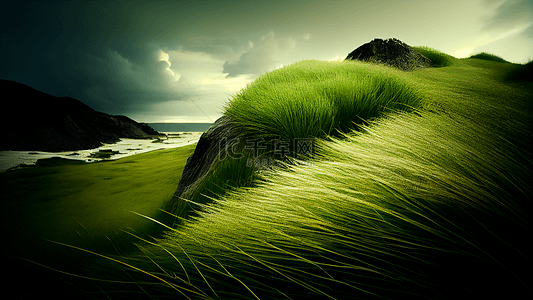 海浪边框背景图片_草地天空绿色海水