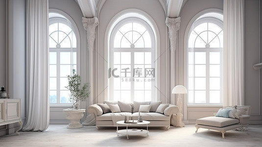 时尚环境背景图片_现代家具在永恒的环境中 3D 渲染时尚的室内装饰，带有拱形窗户