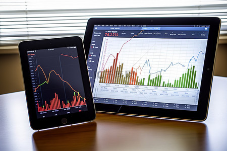 ipad 屏幕上有图表和图表，显示市场分析和图表