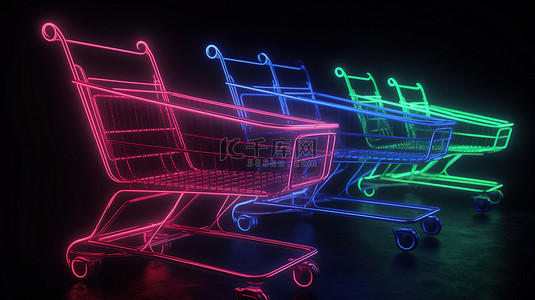 3D 渲染中发光的购物车图标