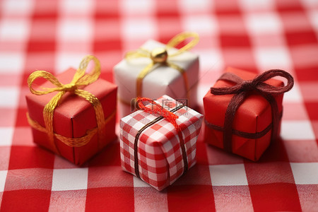 礼品包装纸背景图片_三个红白礼品包装纸放在红白格子布上