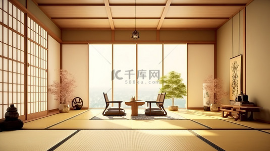 日本风格的房间令人惊叹的室内设计样机 3D 渲染
