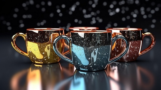 闪闪发光的金属咖啡杯，黑色背景上带有片状口音，令人惊叹的 3D 渲染特写