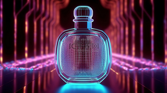 霓虹灯照亮的隧道闪烁着 3D 渲染的香水瓶