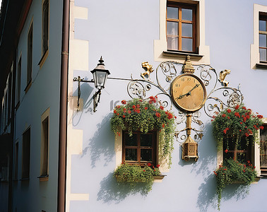 招牌背景图片_石勒苏益格霍尔斯坦一座房子正面的钟表