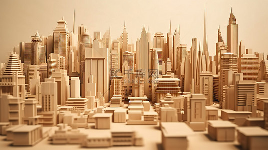 木制大都市一个抽象城市的 3D 渲染，拥有高耸的摩天大楼和低层建筑