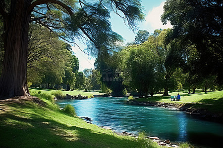 休息两天背景图片_一条河流流经公园，周围有树木和草地