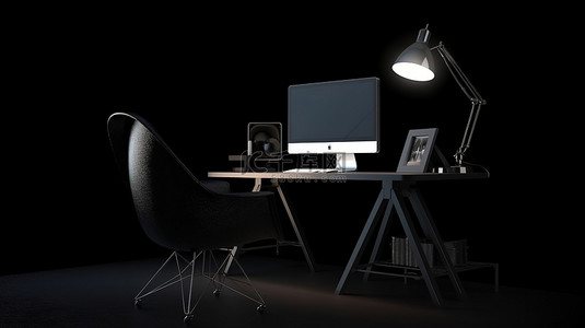 家居家居背景背景图片_舒适工作室的 3D 渲染，配有扶手椅和笔记本电脑