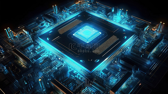 带有未来蓝光处理器的电路板的 3D 渲染