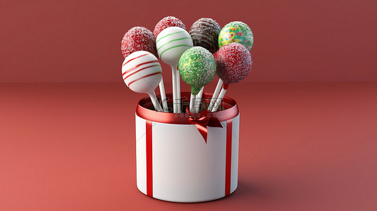 圣诞蛋糕背景图片_彩色红色礼品盒的 3D 插图，里面装有圣诞蛋糕，上面淋着白色糖霜，并装饰着气球