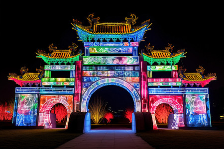 白天晚上背景图片_中国元宵节的发光拱门