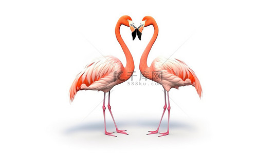 3D 原始白色背景下优雅的粉红色火烈鸟