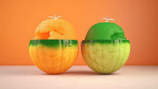 冷冻卡通背景图片_韩国 bingso 的 3d 卡通风格渲染中的夏季茶点与多汁的橙色和绿色瓜