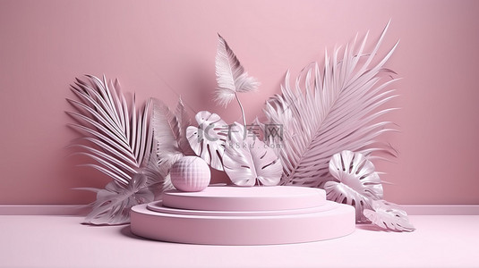 点缀的花背景图片_充满活力的 3D 讲台展览，以柔和的粉色和紫色背景装饰，点缀着白花和棕榈叶