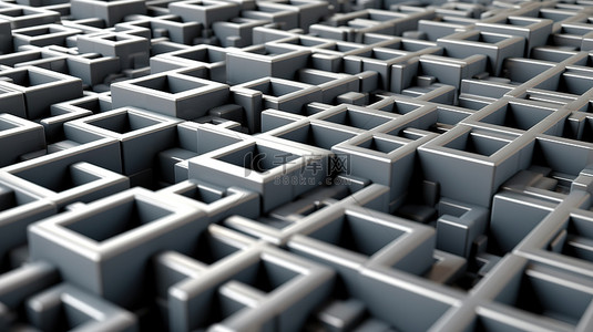 复杂的灰色立方体迷宫的详细 3D 渲染