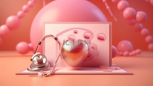 医生电脑背景图片_带有听诊器和健康保险医疗卡概念的粉红色背景的 3D 渲染