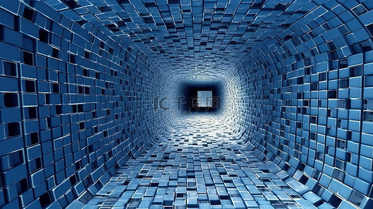 粗糙质感的银色立方体内衬螺旋隧道，抽象 3D 插图中描绘蓝色反射