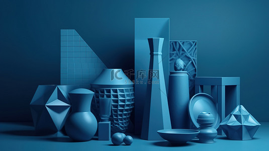 蓝色单色背景图片_具有几何形状和负空间的蓝色单色 3d 静物