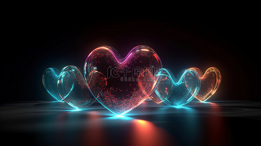 空间中的五颜六色的心 不同距离的发光心的 3d 渲染